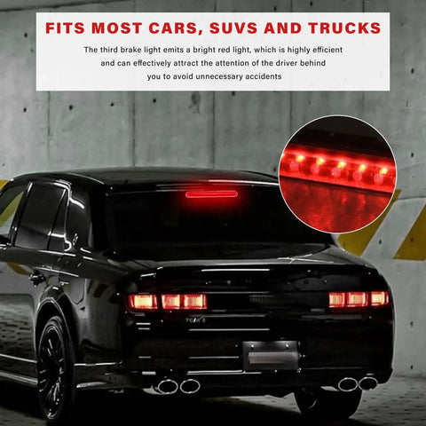 Rear view of a car with red High Mount 24 LED Third Brake Light For Sedans, SUVs And Trucks illuminated, emphasizing its street-ready and waterproof features.