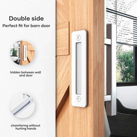 12 Inch Stainless Steel Sliding Barn Door Pull Handle With Flush Hardware Set Double Sided Brushed Finish Anti Rust Corrosion Resistant Easy Install Square Design 2 Pack For Interior Doors And Closets displayed on wooden door