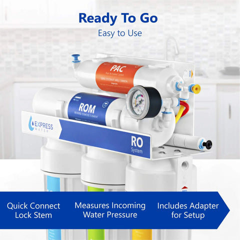 Express Water RO filtration system with pressure gauge, white and blue housing, includes T-stem adapter.