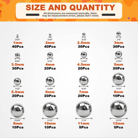 Tanstic 330Pcs 16-size metric steel ball bearing set; 1-12mm balls with varying counts.