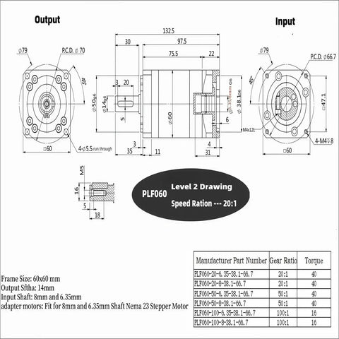 Technical drawing of Planetary Gearbox For Nema 23 Stepper Motor 20 To 1 Gearhead with detailed dimensions and specs