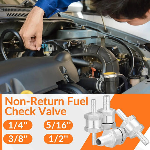 One Way Fuel Check Valve Pack Of Four Inline Valves In 1/4, 5/16, 3/8 And 1/2 Inch For Fuel Line Oil Petrol Diesel Gasoline Water Aluminum Alloy Silver Finish, Non Return Inline Valves For Reliable Flow In Fuel, Oil And Water Systems