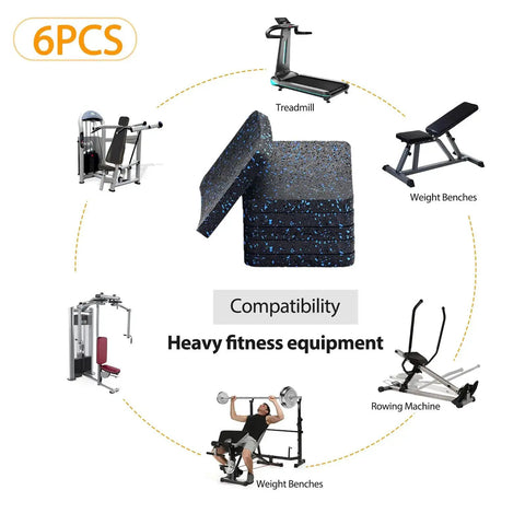6 pack Heavy Duty Treadmill Mat Pads for home gym equipment like treadmills and weight benches, shown on a compatibility chart.