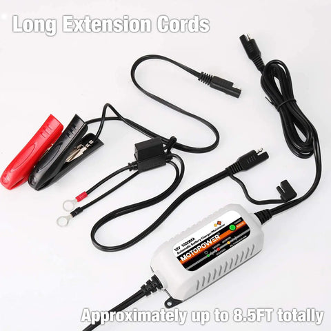12V Automatic Battery Charger and Maintainer With Desulfator Trickle Charger and Timer Protection For All Lead Acid Batteries Including AGM And Gel Cells Compact And Rugged Grey with long extension cords.