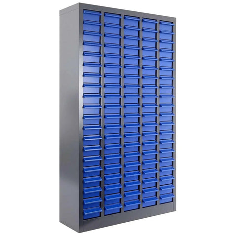 Front view of 100 Drawer Parts Cabinet For Tools And Hardware Organization With Alloy Steel Frame And ABS Drawers In Silver And Blue Finish