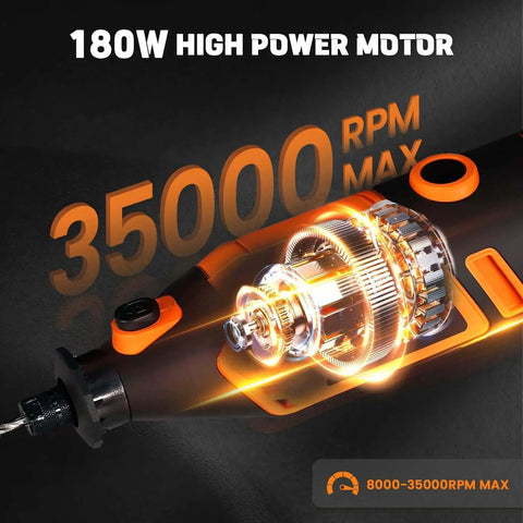 Close-up of Powerful 180W Corded Rotary Tool Kit With 6 Speed Settings And 61 Accessories 8000 To 35000 RPM For Sanding Polishing Cutting Engraving Carving And DIY Projects Orange by Hardell showing motor detail and speed settings.