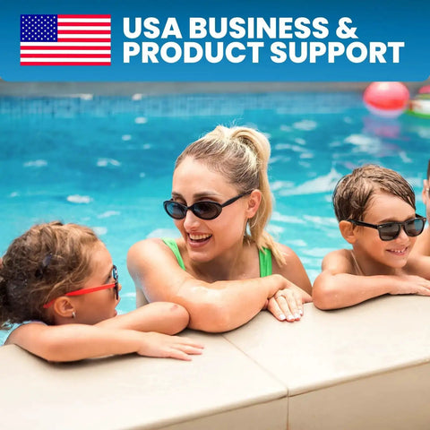 Family enjoying pool time with USA business and product support banner