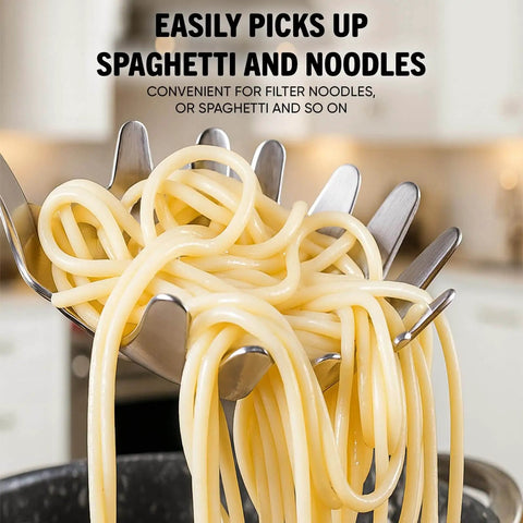 Close-up of 304 Stainless Steel Spaghetti Server With Teeth lifting noodles, ergonomic vacuum handle visible in modern kitchen.