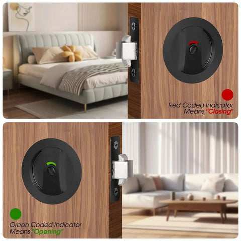 Matte Black Pocket Door Lock Set with privacy indicator installed on a door, showing red "closing" and green "opening" indicators.