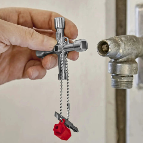 Handy Universal Control Cabinet Key for Gas, Water, and Electric Shutoff Systems with Slot 10x7 Bit, Phillips PH2, and Adapter in use
