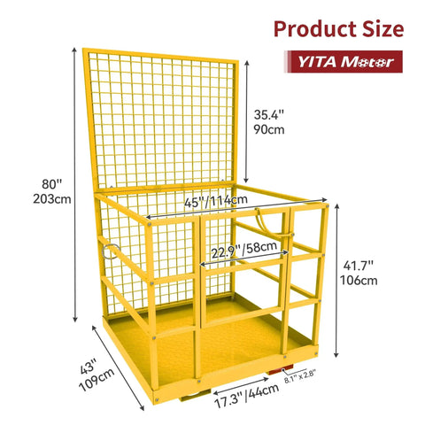Heavy Duty Forklift Safety Cage 1400 Lb Work Platform Guard Rails Collapsible with dimensions shown in yellow.
