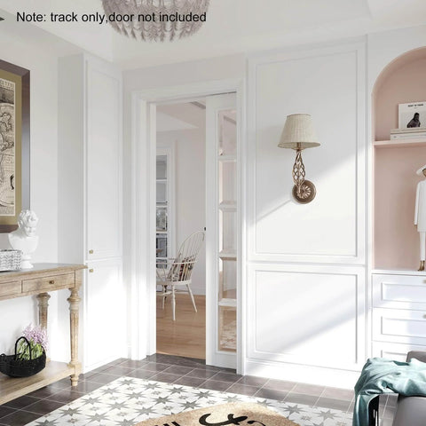 Installed view of Six Foot Sliding Pocket Door Hardware Kit With Aluminum Box Rail Track Commercial Grade Easy Install Quiet Smooth Sliding For Twenty Four To Thirty Six Inch Wide Single Doors No Door Included Sixty Eight Point Seven Five Inch Track in white frame without door