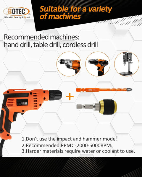 Cordless drill with carbide eccentric nine blade masonry drill bit and chuck adapter, suitable for various machines, instructions included.