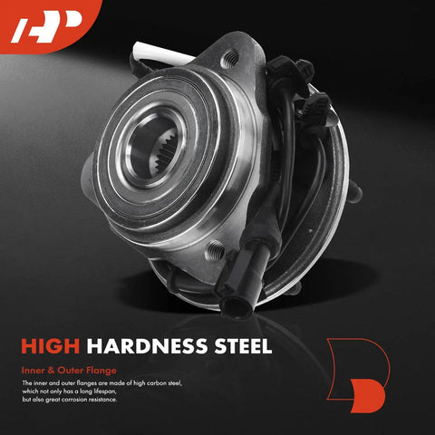 Image of heavy duty front wheel bearing and hub assembly with ABS for Ford Explorer 1996 to 2001 shows close-up of high hardness steel.
