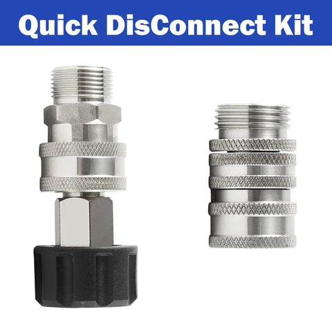 Stainless Steel Pressure Washer Adapter Set With M22 Male Threads And Quick Disconnects Includes Three Eighths Inch To Three Quarters Inch Quick Connects And Swivel Adapters Eight Pack Durable Build For Easy Water Flow Hourleey, shown close-up.