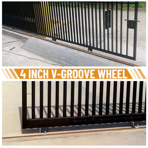 Sliding gate with 4 Inch V Groove Slide Gate Wheel With Welded Bracket Box For Inverted V Track Systems installed on driveway.