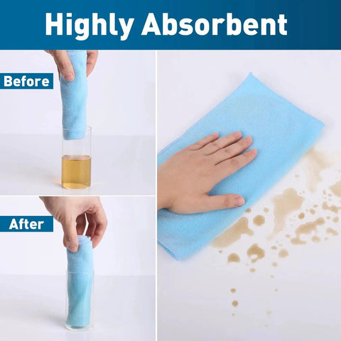 Before and after of blue microfiber towel absorbing liquid, illustrating absorbency from Bulk 400 Pack Microfiber Towels for Cars and Home.