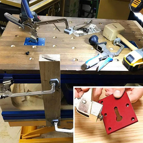 Locking Pliers Mounting Plate For Secure Workholding On Your Workbench Heavy Duty Aluminum 6061 Alloy Vise Jig In Red installed on workbench