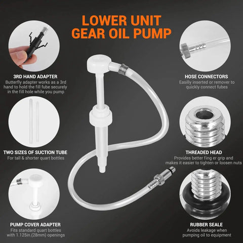 Lower Unit Gear Oil Pump For Quart Bottles 10cc Stroke 8mm And 10mm Adapters shown with components and adapters.