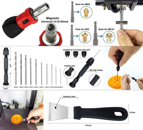 All In One 124 Piece 3D Printer Tool Kit With Carry Case For Finishing Cleaning Nozzles Trimming And Sanding tool components