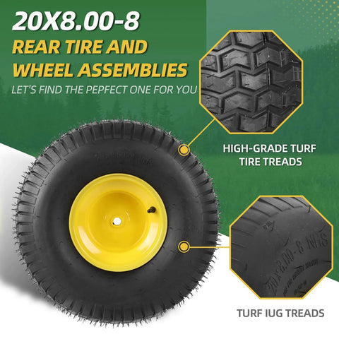 20x8.00-8 rear tire and wheel assemblies showcasing high-grade turf tire treads and turf lug treads for riding lawn mowers.