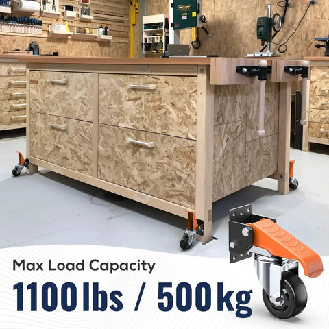 3 Inch Side Mount Swivel Workbench Castors With Step Lift Pedal For Easy Mobility Heavy Duty Caster Set Supports Up To 1100 Lbs installed on a wooden workbench.