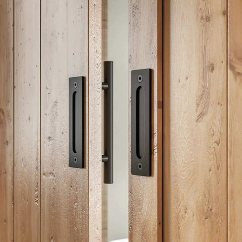 Two Piece Twelve Inch Pull And Flush Barn Door Handle Set In Black for gates garages sheds and furniture rustic two sided design