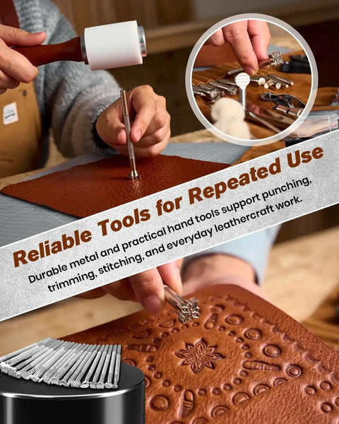 Person using Leather Working Tools Kit Max Version With Custom Handbag Cutting Mats Engraving Punching Sewing Stamping Tools for crafting leather