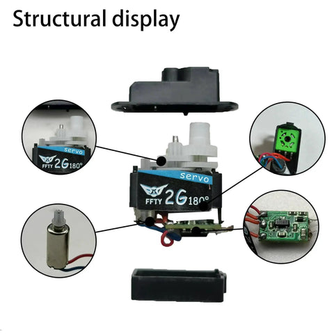 Structural display of Two Pack 2G Plastic Gear Mini Servo for RC Hobbyists, showing internal components and connections.