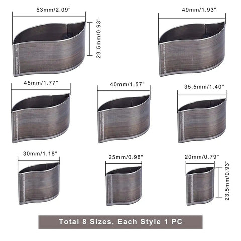 Leaf Shape Leather Punch Set With 8 Size Die Cutters for DIY leather craft, showing different cutter sizes in a diagram.