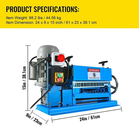 Automatic Electric Wire Stripper With 370W Motor, aluminum alloy body, front view, measured dimensions, labeled dials and buttons.