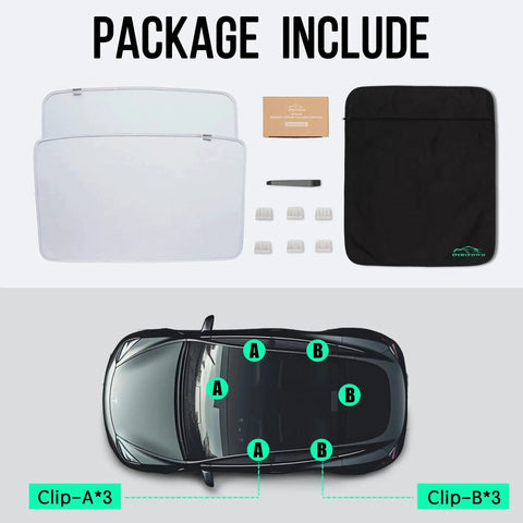 Package includes Model Y Glass Roof Sunshade With Magnetic Foldable UV Block For Cooling, clips, and storage bag.