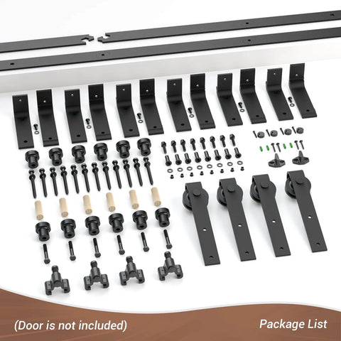 Components of 6Ft Double Track Bypass Sliding Barn Door Hardware Kit For Two Doors laid out, showing tracks and rollers.