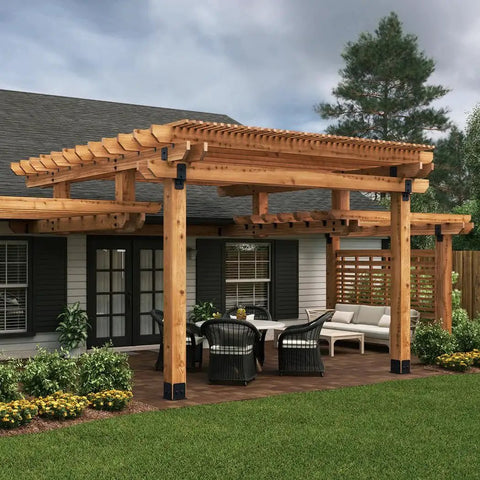 Outdoor wooden pergola with Two Inch Rafter Clips With Matching Hardware For Outdoor Wood Structures Black Powder Coated Galvanized Steel Includes Ten Clips And Twenty Hex Head Sharp Point Screws For Fast Installation Ideal For Arbors Fencing Rafters Rails And More visible on the beams.