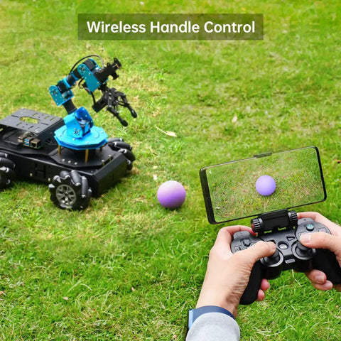 DIY 6DOF Robotic Arm Car Kit With Raspberry Pi 5 8GB AI Vision in wireless control mode on grass with controller