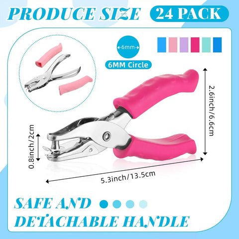 24 Pack Single Hole Punches Handheld One Quarter Inch Metal Paper Puncher with Soft Grip Handles for DIY Crafts, pink handle