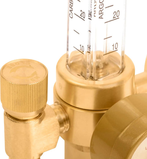 Close-up of Pro Grade Argon Regulator And Flow Meter For MIG And TIG Welding With 0-70 CFH CGA580, heavy duty brass build, gauge detail.