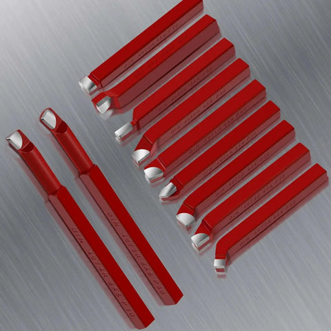 Eleven Piece Five Sixteenth Inch Carbide Tip Lathe Cutter Tool Set For Metal Turning Boring And Chamfering With DIN Spec Lathe Tools And Pro Grade Durable 45 Steel Holders on metal surface