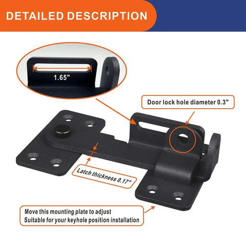 Detailed view of heavy-duty 90-degree gate latch with padlock hole, powder-coated steel, showing measurements and mounting details.