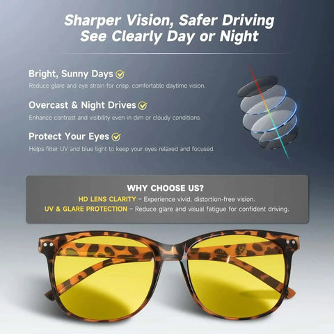 Night Driving Shades For Women And Men Polarized Night Vision HD Anti Glare Yellow Lenses UV400 Protection Amber Tortoiseshell Frame