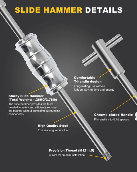 Slide hammer details of Blind Hole Bearing Puller Set for Bicycles and Motor Vehicles, showing sturdy, chrome-plated handle and high-quality steel.