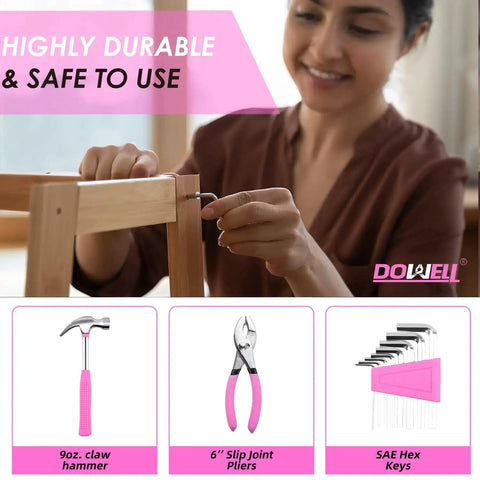 Woman using 40 Piece Pink Home Tool Set With Plastic Toolbox Storage Case For Quick Home Repairs, Easy Furniture Assembly And Picture Hanging kit