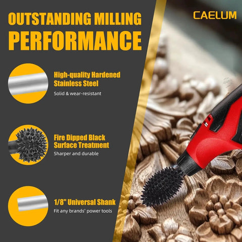 3 Piece Rotary Burr Set With One Eighth Inch Shaft Die Grinder Bits For Woodworking Carving And Engraving In Wood Rubber And Plastic Compatible With Dremel Foredom DeWalt Milwaukee And Other Brands Beast Carbide Bits For Quick Material Removal image showing grinding process on wood.