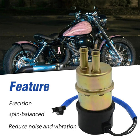 Electric Fuel Pump Replacement For VT750C VT750CD VT750DC Shadow Ace 750 Aero 1100 Spirit 750 1000 12V Ride Ready High Flow Motorcycle Fuel Pump Replaces 16710 MBA 611 16710 MBA 612 shown next to a motorcycle on display.