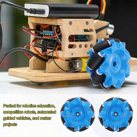 Mecanum Wheel Set For Smart Robot Cars And DIY Models With 52mm Omnidirectional ABS Rubber Wheels Blue For Dope Flexible Multi Directional Movement In Robotics Education Competitions Auto Guided Vehicles And Maker Projects By Meccanixity