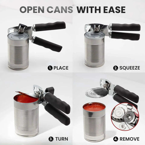 Comfy Manual Can Opener With Bottle Opener, Rust Proof Stainless Steel, Soft Grip Handles, Easy Open Can Demonstration Steps