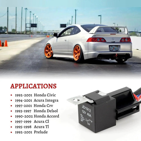 Plug And Play Main Relay Upgrade Kit For Honda Civic 92 01, Acura Integra 94 01, shown with compatible car models and relay close-up