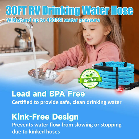 RV drinking water hose, blue, 30ft with storage bag; BPA-free and kink-free design.