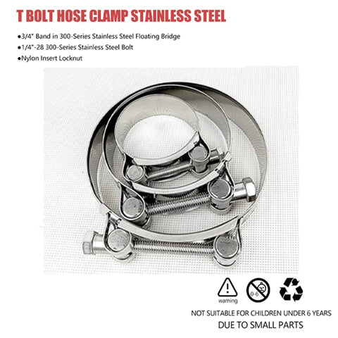 Four Pack Two Inch T Bolt Hose Clamps Stainless Steel Heavy Duty Clamp Range 56 to 64mm for Two Inch Hose ID Radiator Hoses Ideal