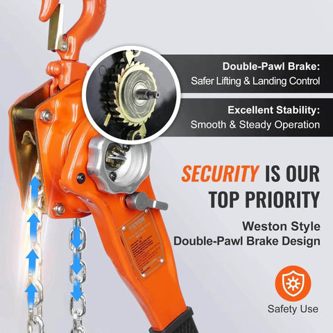 Manual Lever Chain Hoist 0.75 Ton 1650 Lbs 10 Ft Come Along Weston Double Pawl Brake Galvanized Steel 360 Degree Hook, features displayed.